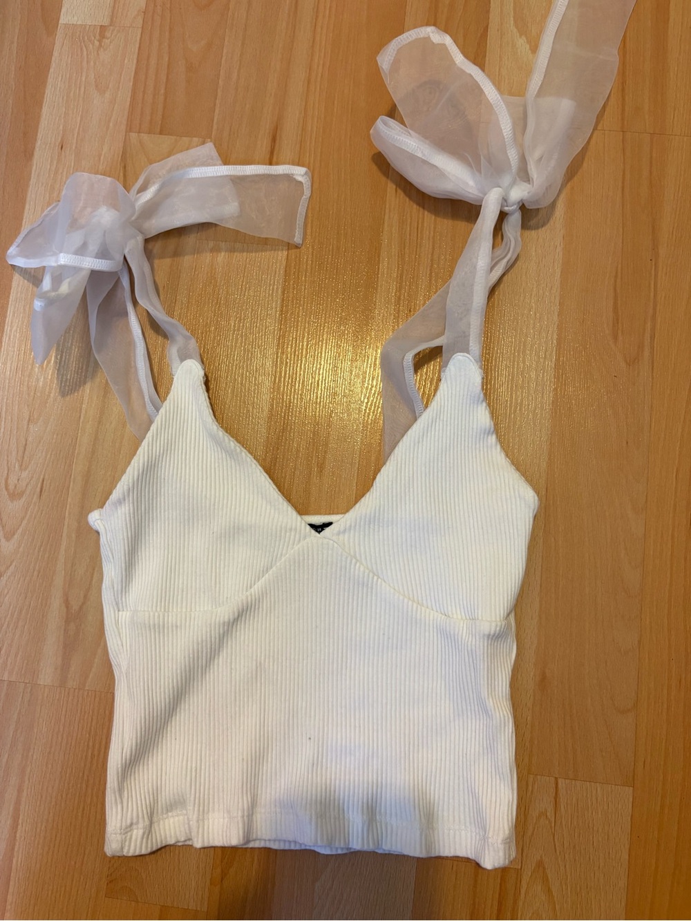 Zara White Ribbed Cami with Sheer Tie Straps